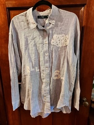 Camisa túnica top Ralph Lauren 2019 talla L azul blanco logotipo retazos rayas lino Foto 1 de 4
