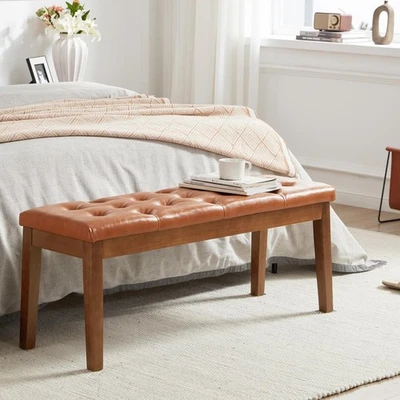 Banco otomano tapizado asiento acolchado con patas de madera maciza y acolchado con botones,... Foto 1 de 4