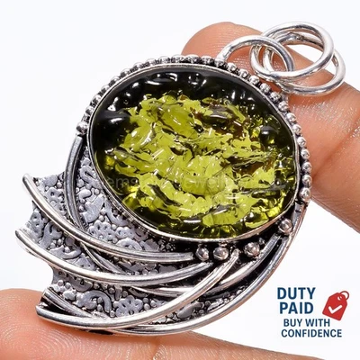 Oferta de Año Nuevo 925 Plata Ovalada Natural Moldavita Compromiso Boho Colgante Joyería Foto 1 de 4