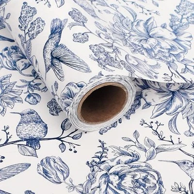 1 Roll Blue Floral Bird Wrapping Paper Mini Roll - 17in x 32.8Ft Blue Flowers  - Image 1 of 4