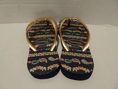HAVAIANAS Blue Gold Green Elephant Little Girl Slim Flip Flops Size 7/8 Sandals - Image 1 of 3