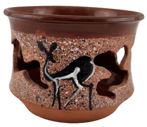 Primitive Hand Painted Terra Cotta Tealight Candle Holder Folk Art Pottery - Picture 1 of 8