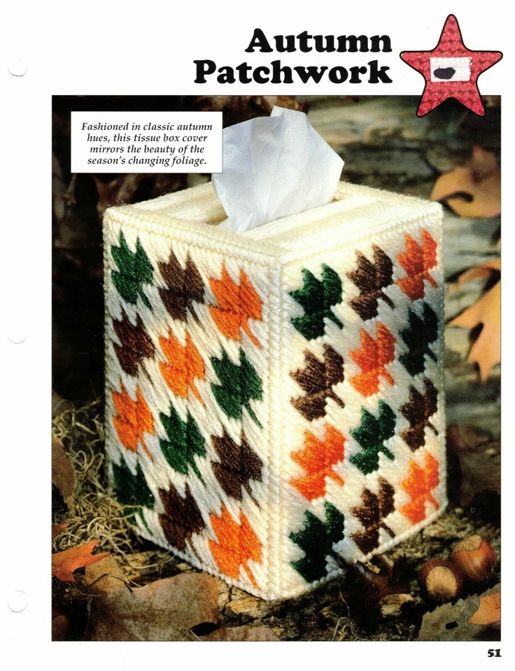 Autumn Patchwork Tissue Box Plastic Canvas Pattern Project By Leisure Arts - Image 1 of 1