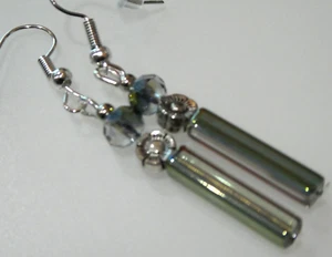 Vintage Look Dangly Long Drop Glass Tube, Crystal Art Deco Earrings - Picture 1 of 8