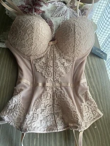 Fredericks of Hollywood Lingerie Bustier Corset Push Up Sz L Light Pink Lace - Picture 1 of 22