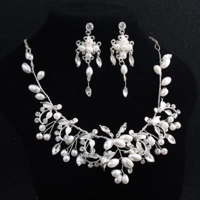 Matrimonio Collana Orecchino Set Perline Sposa Accessori Argento - Immagine 1 di 4