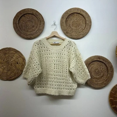 Zara Cream Neutral Boho Oversized Crochet Knit Half Sleeve Sweater Top Medium - Image 1 of 4