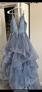 Elegant Dusty Blue Ball Gown Size 12 - Lace Bodice & Tulle Skirt - Picture 1 of 3