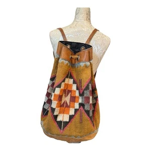VTG Trish Hunter Leather Boho Backpack Tote Bag Drawstring Bucket Bag Aztec - Picture 1 of 13