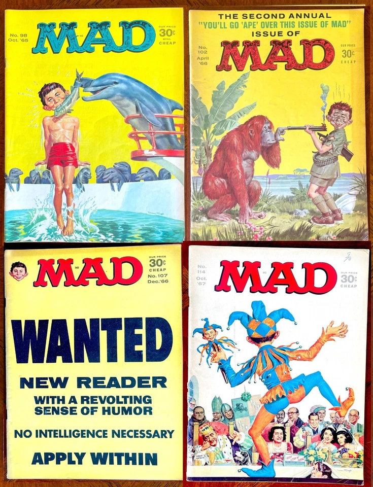 4 MAD MAGAZINES from 1965-66!  Fine to F/VF! #98, 102, 107, 114  - Classic MADS! - Image 1 of 4