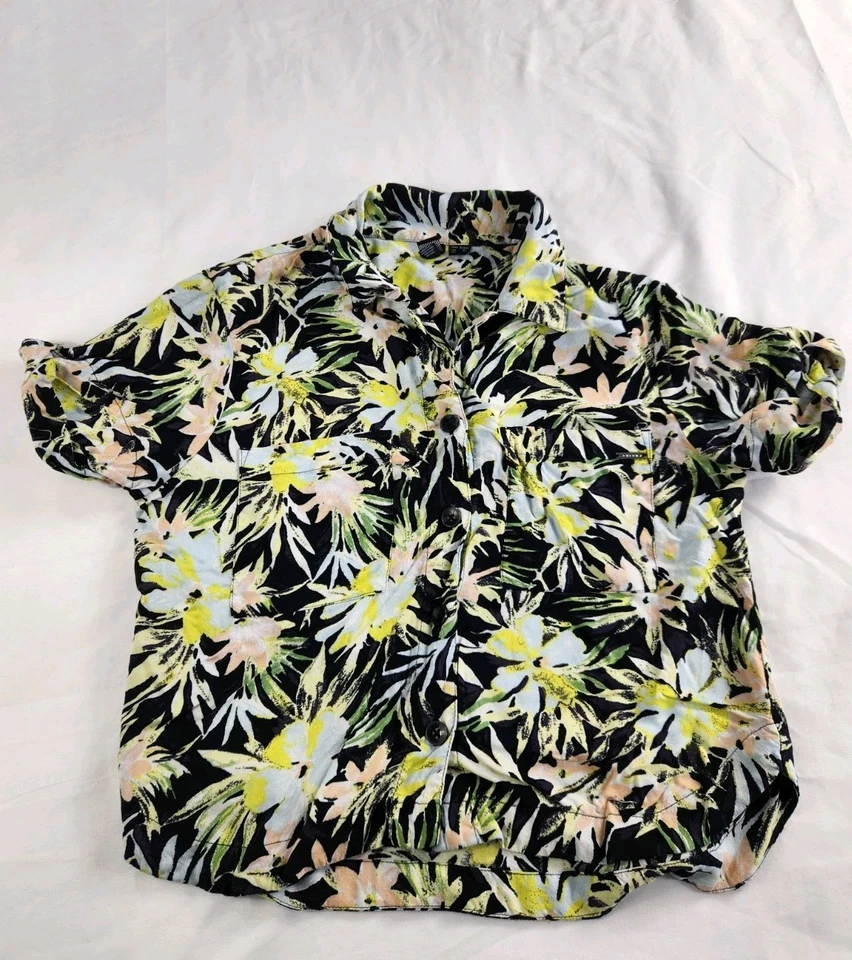 Camisa Volcom S Mujer Negra Amarilla Floral Hawaiana Botón Frontal Manga Corta Top Foto 1 de 4