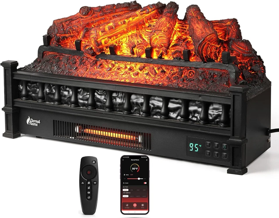 TURBRO Eternal Flame 26 in. WiFi Infrared Quartz Electric Fireplace Log Heater w