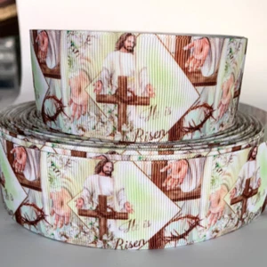 GROSGRAIN RIBBON 5/8, 7/8", 1.5", 3" Easter Christ Risen Cross Jesus Printed - Picture 1 of 1