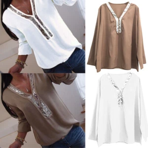 Women Long Sleeve Shirt Casual V-Neck Top Loose Tee - Picture 1 of 12