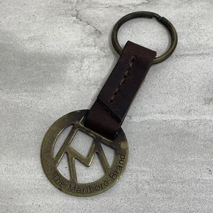 Vintage Keychain MARLBORO BRAND Solid Brass & Leather Key Fob Ring Cigarette USA - Picture 1 of 4