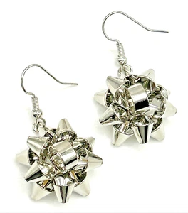 Silver Gift Wrap Bows Enamel Dangle Drop Earrings Christmas Holiday (Large) - Picture 1 of 3