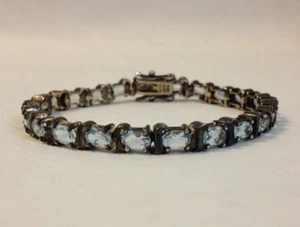 Silver Tennis Bracelet Link Blue Oval Faceted Gemstones Topaz? Vintage Jewelry - Picture 1 of 10