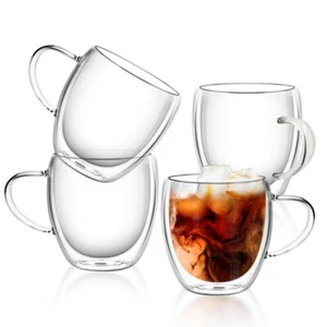 Set of 4 Glass Coffee Mugs Double Walled Insulated Drinking with Handle 250ml US - Picture 1 of 12
