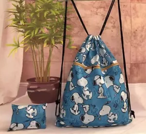 Snoopy Blue Foldaway Drawstring Tote Bag Shopping Sport Waterproof - Picture 1 of 4
