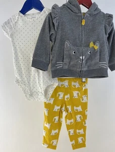 Girls 3 Piece Carters Outfit. Cute Pussy Cat Zip Sweater, Bodysuit & Leggings - Picture 1 of 8