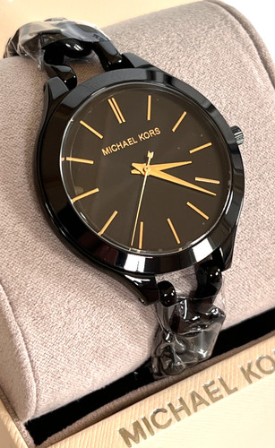 Orologio MICHAEL KORS MK3317 donna sottile passerella catena nera nuovo con etichette confezione regalo $195