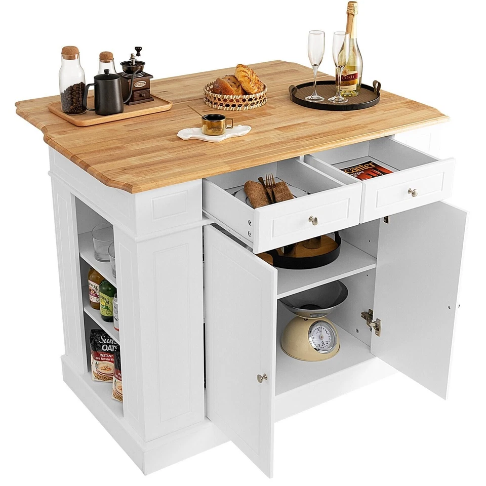 Kitchen Island Storage Cupboard W/Drop Leaf Countertop Side Racks 2-Door Cabinet - Image 1 of 4