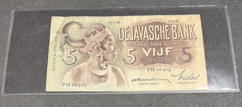 1936 Netherlands Dutch Indies 5 Gulden Banknote P-78 old Bank Note Cover