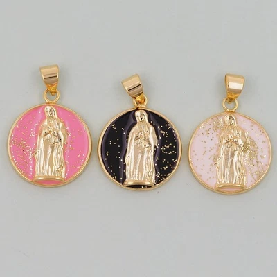Colgante redondo de oro de 18 quilates relleno de esmalte virgen María para suministros para hacer joyas hágalo usted mismo Foto 1 de 4