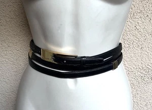 ST. JOHN Sleek Black/Gold Tone Buckle Skinny Statement Double Wrap Belt Italy - Picture 1 of 10