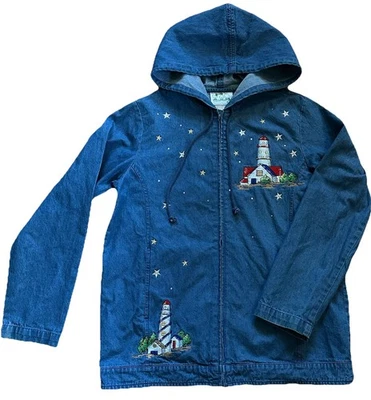Quacker Factory Denim Lighthouse Hooded Jacket Embroidered Stars Women's Small - Image 1 of 4