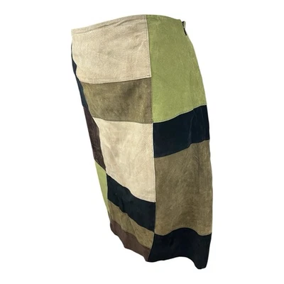 Alfani Patchwork Suede Skirt US 16 Vtg Green Brown Black Cream Leather Made USA - Image 1 of 4
