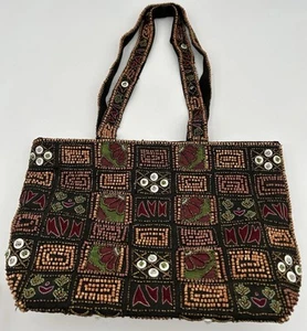 Beaded Boho Black HandBag Purse Geometric Double Handle Beads Buttons 14x9.5x4in - Picture 1 of 21