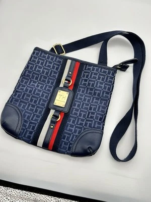 Tommy Hilfiger Crossbody Purse/handbag women's navy w/Red/wht stripe brass logo - Image 1 of 4