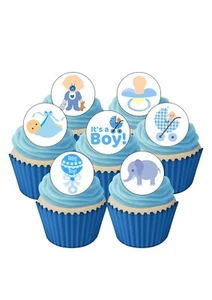 Cake Toppers 24 PRE-CUT Baby BOY Shower Edible Wafer Paper Round Decorations - Picture 1 of 9