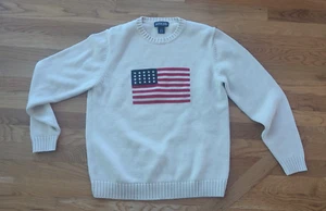 VINTAGE LANDS END Y2K USA FLAG Knit Sweater Cream Patriotic 100% Cotton M 10-12 - Picture 1 of 5