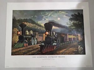 Vintage Currier & Ives Large Print The Lightening Express Trains Leaving Junc - Picture 1 of 1