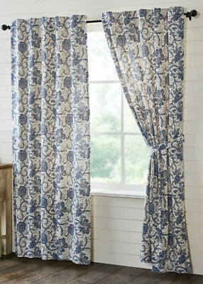 Cortinas florais azuis estilo fazenda campo 2 painéis forrados com amarração costas dorset - Imagem 1 de 4
