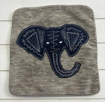 POTTERY BARN KIDS Elephant Pillow Cover 16x16 Gray Navy Jungle Embroidered - Image 1 of 4
