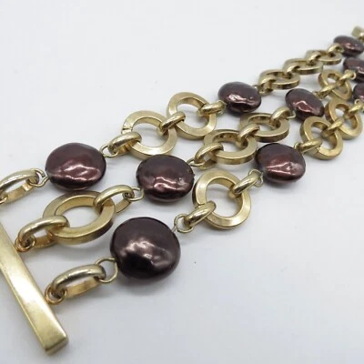 Brown Lentil Beads Bracelet Gold Tone Tri Row Round Links Retro Statement 8" - Image 1 of 4