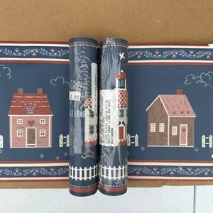 Vintage 90’s Wallpaper Border Country Farm Blue Mauve Prepasted Borden 30 Feet - Picture 1 of 5