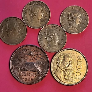 1992 MEXICO $100 PESOS "Carranza" {4} cinco 1958,59,68,69, & 20 centavos 1965 - Picture 1 of 2