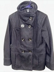 Women’s Black Pee Coat Double Breasted With High Collar & Front Pockets Sz 12-14 - Picture 1 of 7