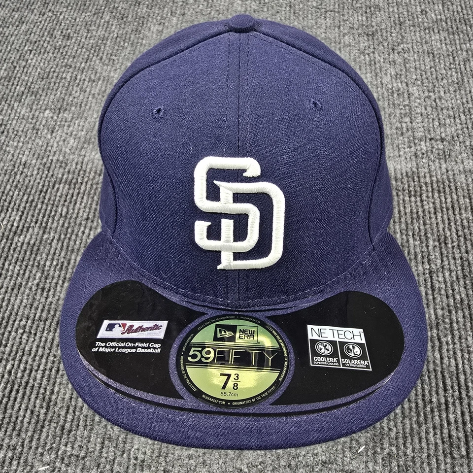 San Diego Padres Hat Cap Fitted Mens 7 3/8 Navy MLB Baseball New Era 59FIFTY - Image 1 of 4
