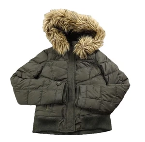 Vintage Hollister Jacke Damen L grün Kunstfell gesteppt Daunen Puffer Parka Mantel Y2K - Bild 1 von 2