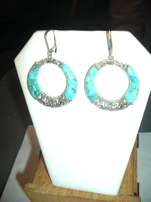 PENDIENTES PERFORADOS TURQUESA PLATA ESTERLINA 925 ARO ESTAMPADO 1 PULGADA PALANCA Foto 1 de 4