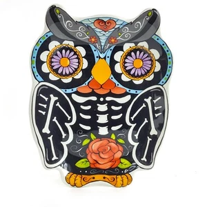 Skeleton Sugar Skull Owl 7" Stoneware Trinket Candy Dish Relish Tray Plate NEW - Picture 1 of 6