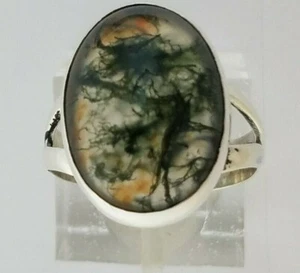 Custom 17.5 x 12.5mm Moss Agate Oval Cabochon Bezel Set .925 Signed - Picture 1 of 6