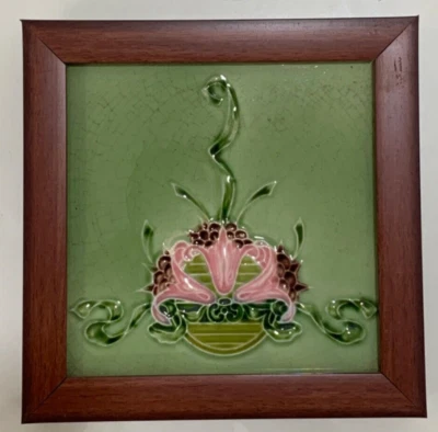 Azulejos Inglaterra Art Nouveau mayólica antigua rara vintage floral 6x3 pulgadas enmarcado Foto 1 de 3