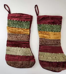 Vintage Set of 2 Christmas Stocking Burgundy Gold Tapestry Beads Sequins Velvet - Picture 1 of 4