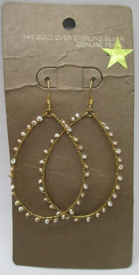 14K Gold over 925 Sterling Silver Dangle Genuine Pearl Earrings - Image 1 of 4